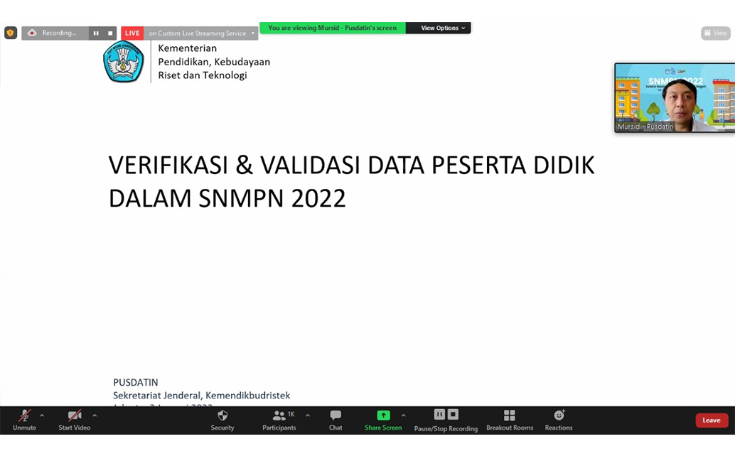 Mursid Triasmanto, Analis Statistik PUSDATIN menyatakan kesiapannya untuk mendukung program SNMPN 2022 pada kegiatan peresmian Jalur SNMPN 2022
