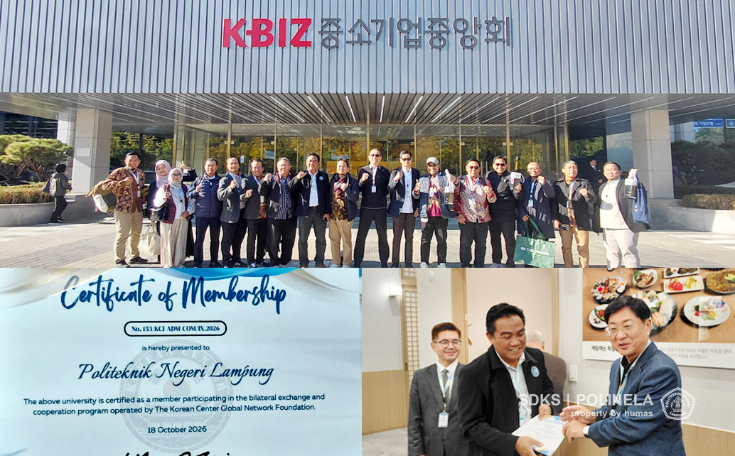 Politeknik Negeri Lampung (Polinela) akhirnya resmi menjadi members Korean Center Global Network Foundation (KCGNF), kepastian ini dapat setelah Direktur Polinela, Dr. Dwi Puji Hartono, S.Pi., M.Si., menerima langsung sertifikat keanggotaan dari pimpinan KCGNF di Gedung KBIZ, Seoul, Korea Selatan.